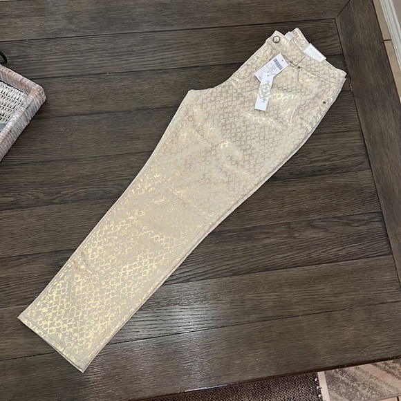 Chicos beige platinum denim ankle pants with metallic gold lattice design - Picture 14 of 16